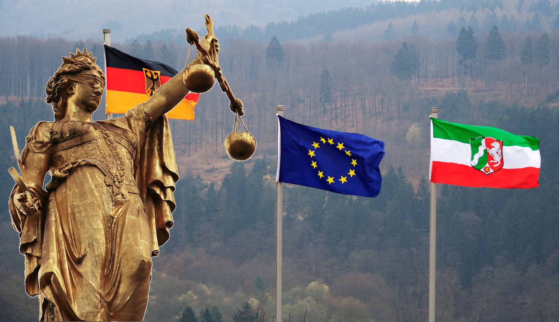 Justizia vor den Amtsflaggen Deutschland, Europa und Nordrhein-Westfalen